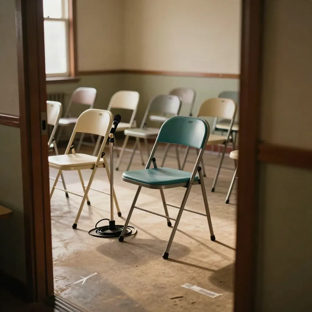 Empty forum room with mismatched folding chairs, a microphone stand, and warm evening window light.