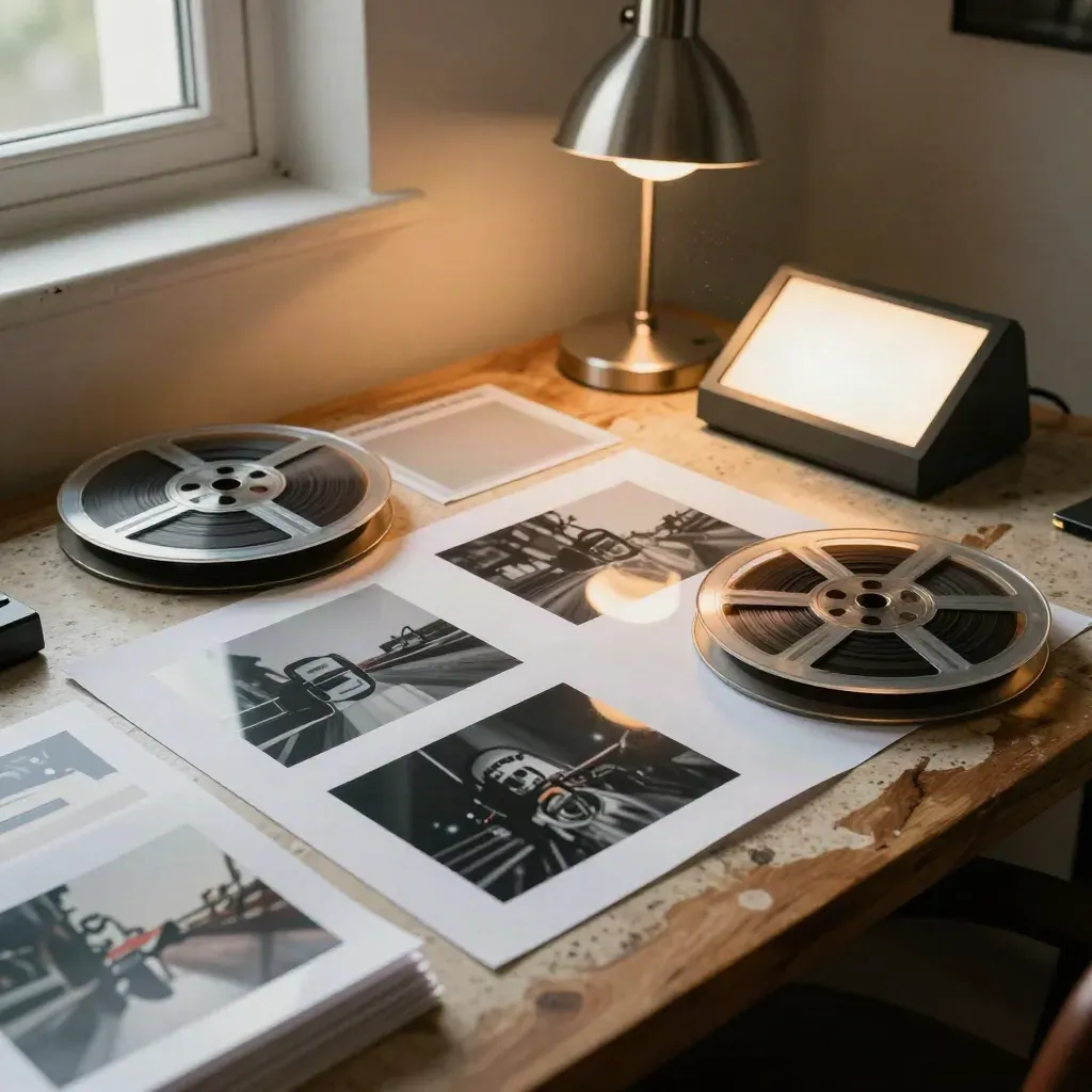 Film contact sheets, reels, and a glowing light table on a warm editor's desk.