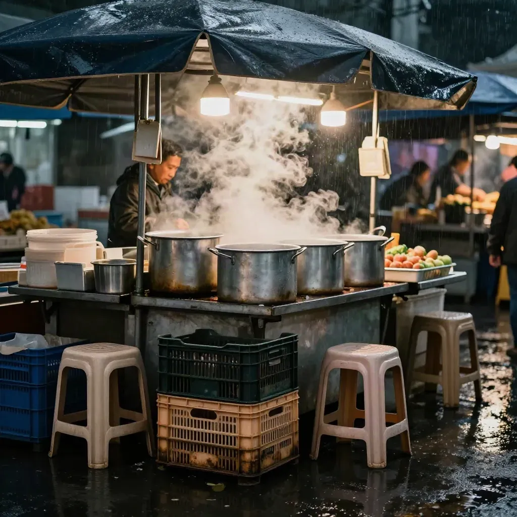 Steam rises from a night market stall over wet pavement and glowing reflections.