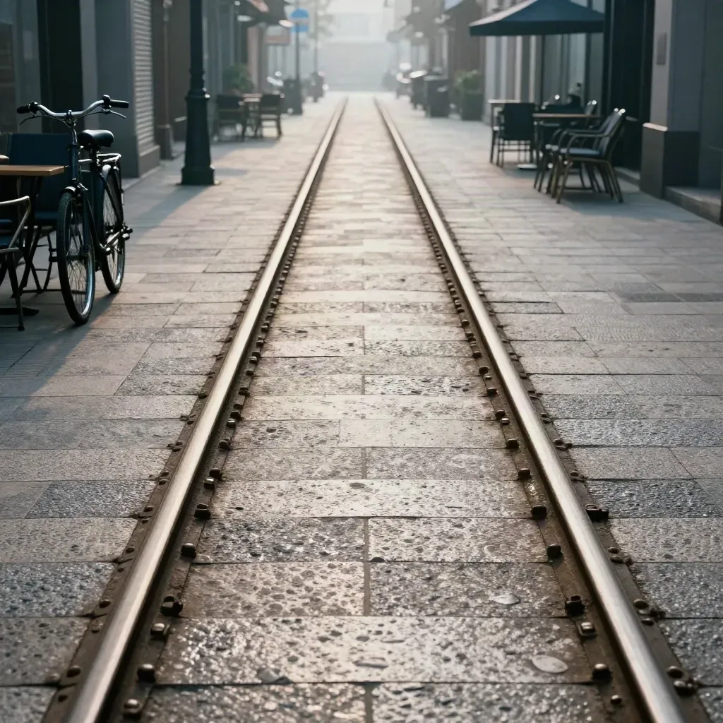 Foggy quiet pedestrian lane with tram tracks, a bicycle, and folded cafe chairs at dawn.