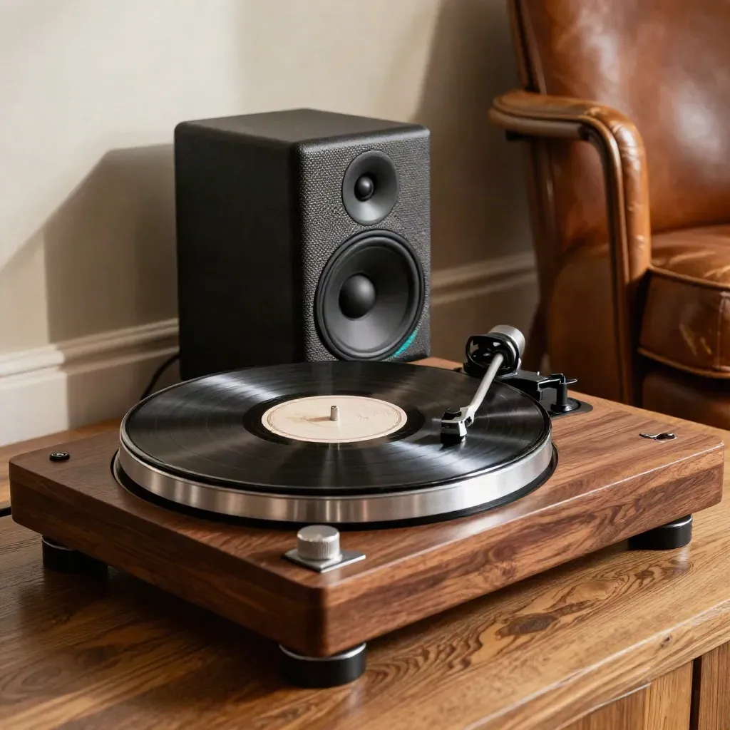 Spinning vinyl beside speakers and a worn armchair in warm window light