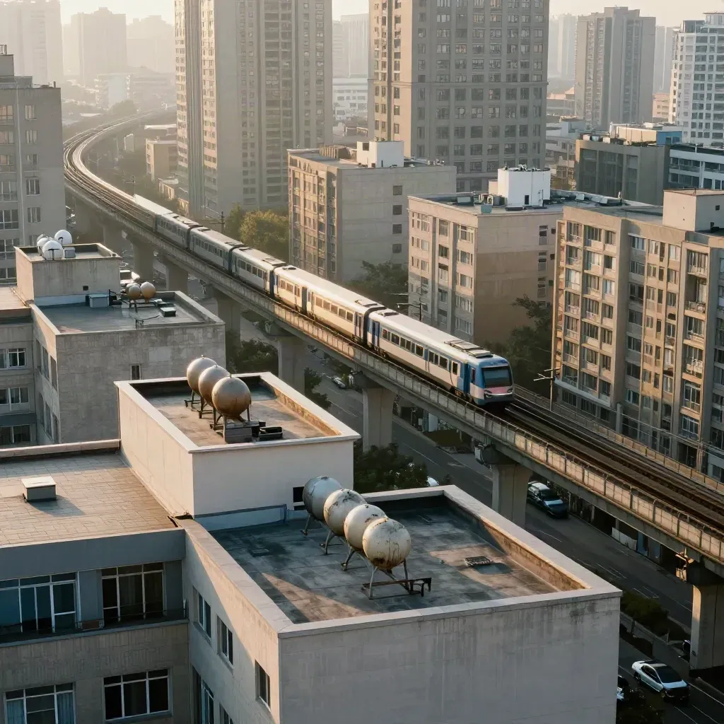 Sunrise rooftop view over apartments, tanks, and an elevated train line crossing the city