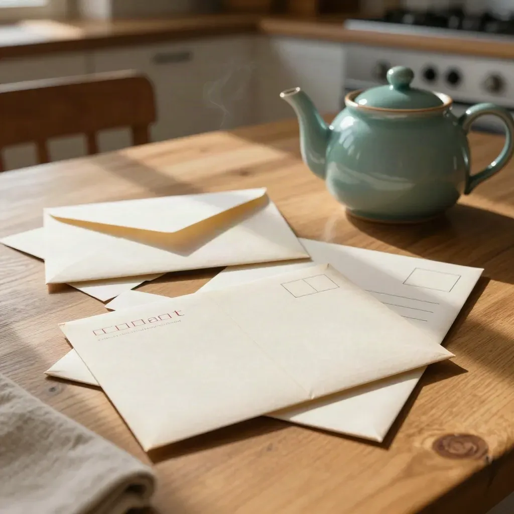 Sunlit kitchen table with postcards, an open envelope, teal teapot, and pulled-back chair.