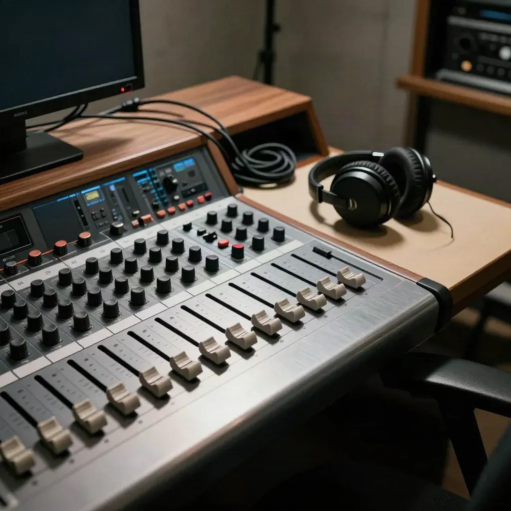 Overhead studio mixing console with coiled cables, headphones, and a dim monitor glow.