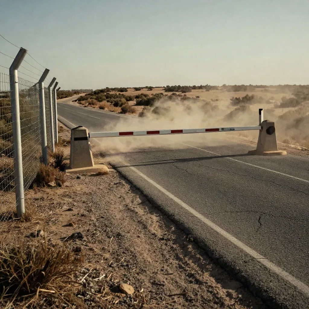 Dust plume across an empty border lane beside fence posts and scrubland at sunset.