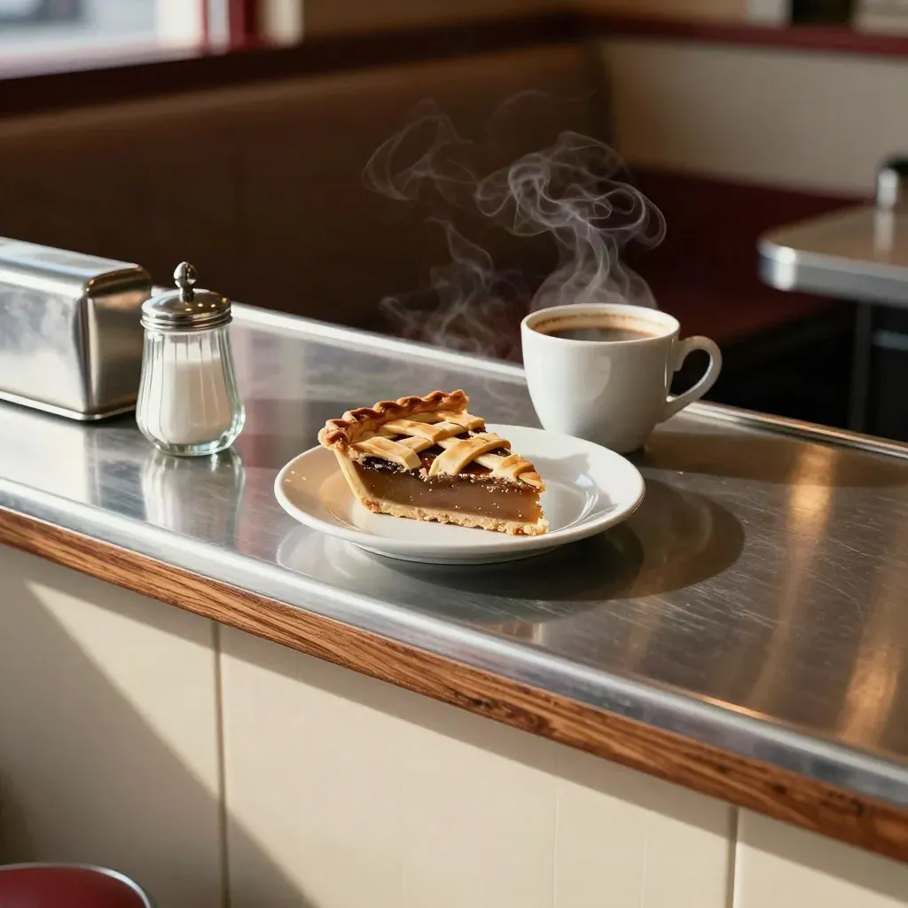 Pie slice, coffee cup, sugar caddy, and napkin holder on a chrome diner counter with rising steam.
