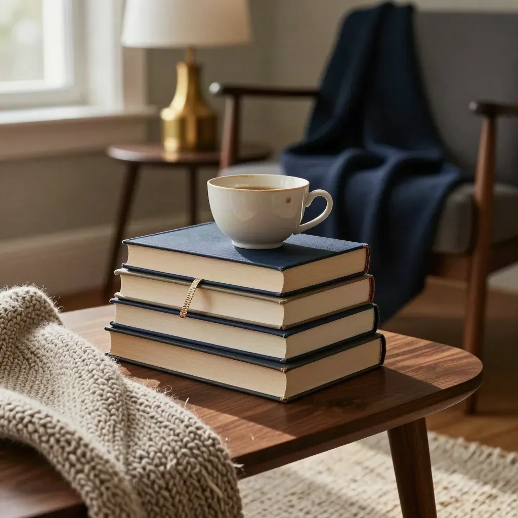 Books, teacup, throw, chair and lamp in a cozy reading corner