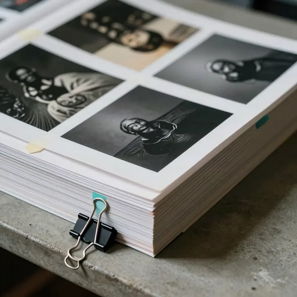Proof prints and binder clips on a concrete editing table, one sheet slipping free.