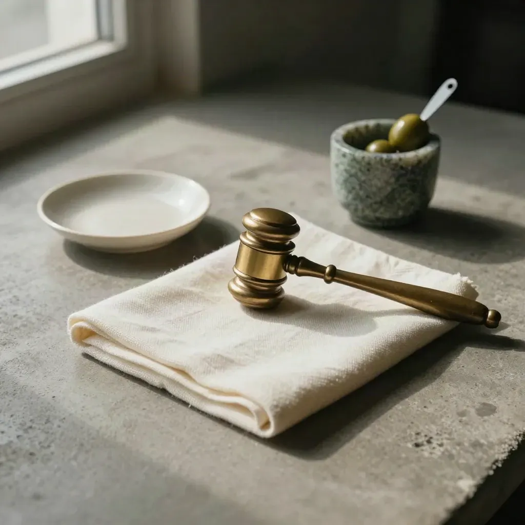 Overhead brass gavel, ivory cloth, ceramic dish, and small plant on stone for Politics.