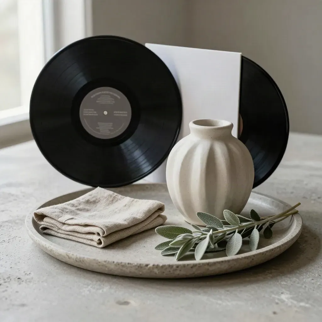 Vinyl record with ceramic object, linen, and plant in a stone tray on concrete.