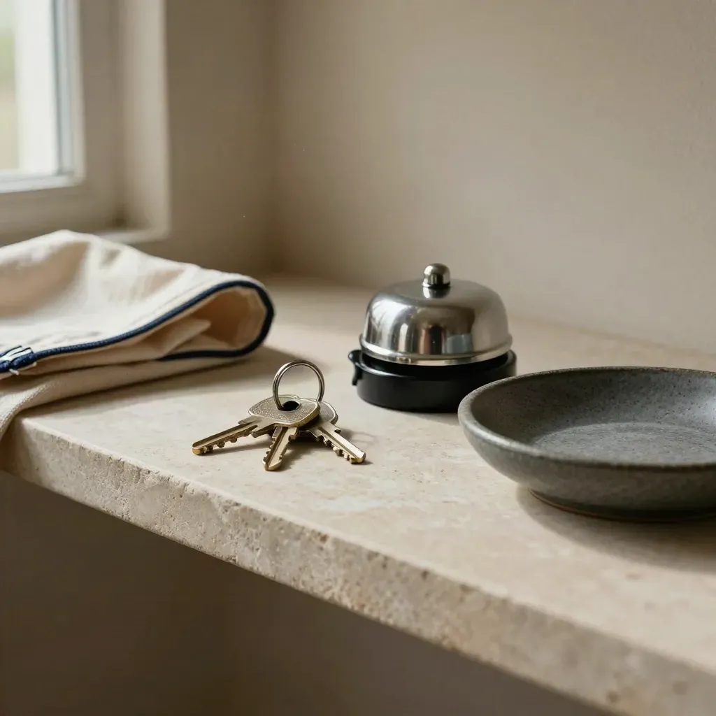 Keys, bicycle bell, tote edge, and stoneware dish on a stone shelf in soft side light.