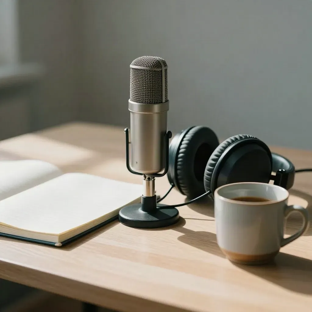 Studio mic with headphones, notebook and cup on a pale wood desk