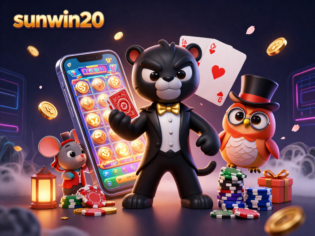 Engage with sunwin20 as a stylish panther deals cards in a dynamic casino scene packed with vibrant game elements.