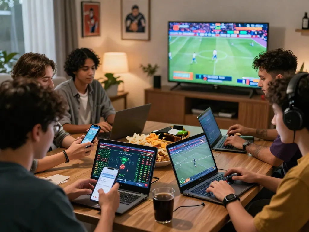 m88.com login alternatif scene with diverse bettors enjoying online sports in a vibrant living room