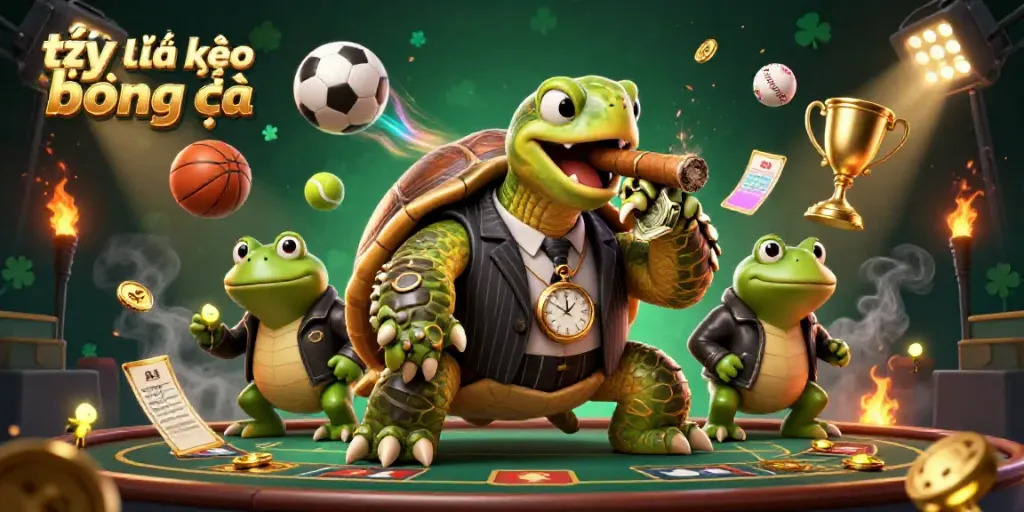 An illustration showcasing tỷ lệ kèo bóng đá with animated characters and dynamic sports elements in a vibrant casino atmosphere.
