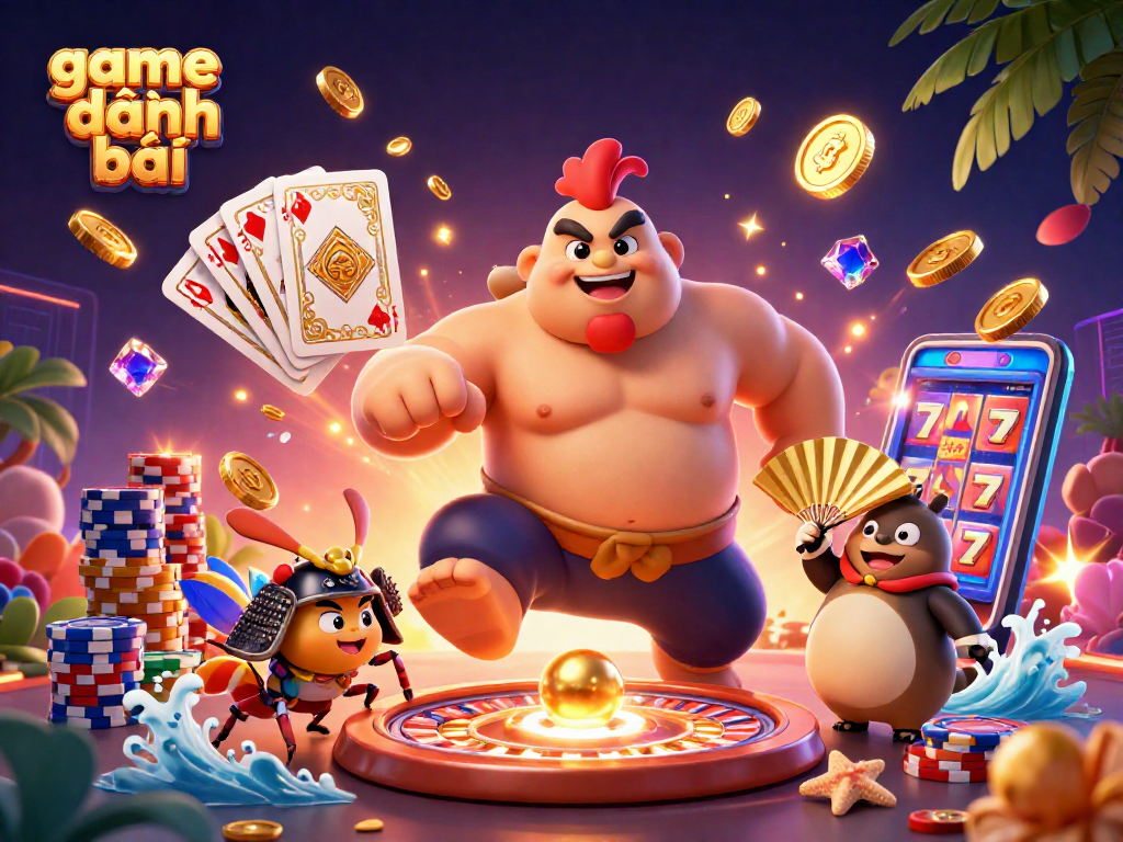 Experience the thrill of game đánh bài with a powerful sumo rooster and fierce samurai cricket.