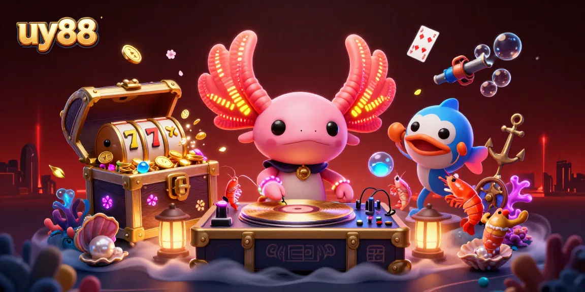 Spin and win at uy88 with a vibrant underwater casino featuring neon axolotl DJ and slot symbols.