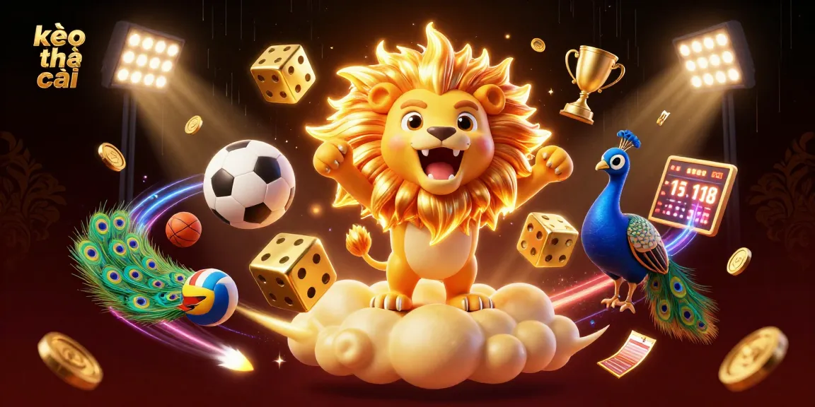 Engage in kèo nhà cái betting with dynamic sports elements and a triumphant lion in 3D.