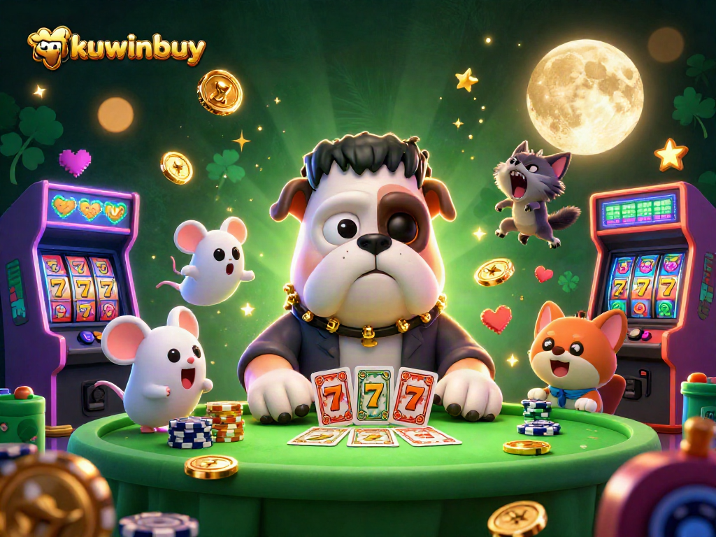 kuwinbuy showcases a lively casino scene featuring a 3D bulldog monster dealing cards amongst slot reels and colorful arcade machines.