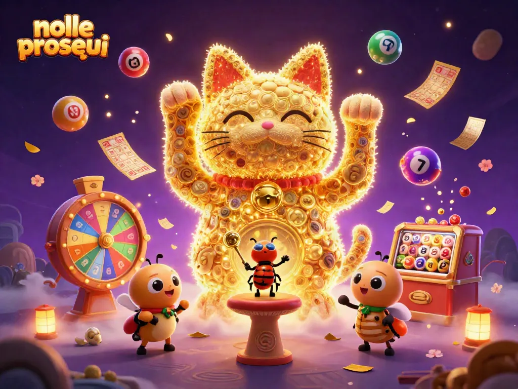 Engage in the excitement of nolle prosequi with a vibrant casino scene featuring a lucky cat and colorful game elements.