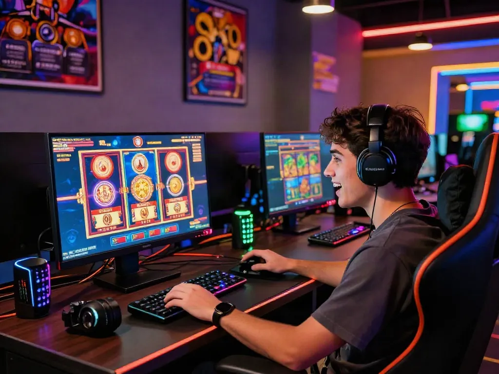 Engaging situs slot gaming experience with a player at a computer excitedly playing colorful online slot games.