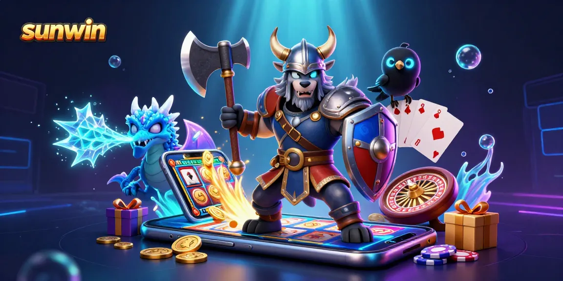 Join the action at sunwin with a vibrant 3D scene featuring a Viking wolf warrior and casino elements.
