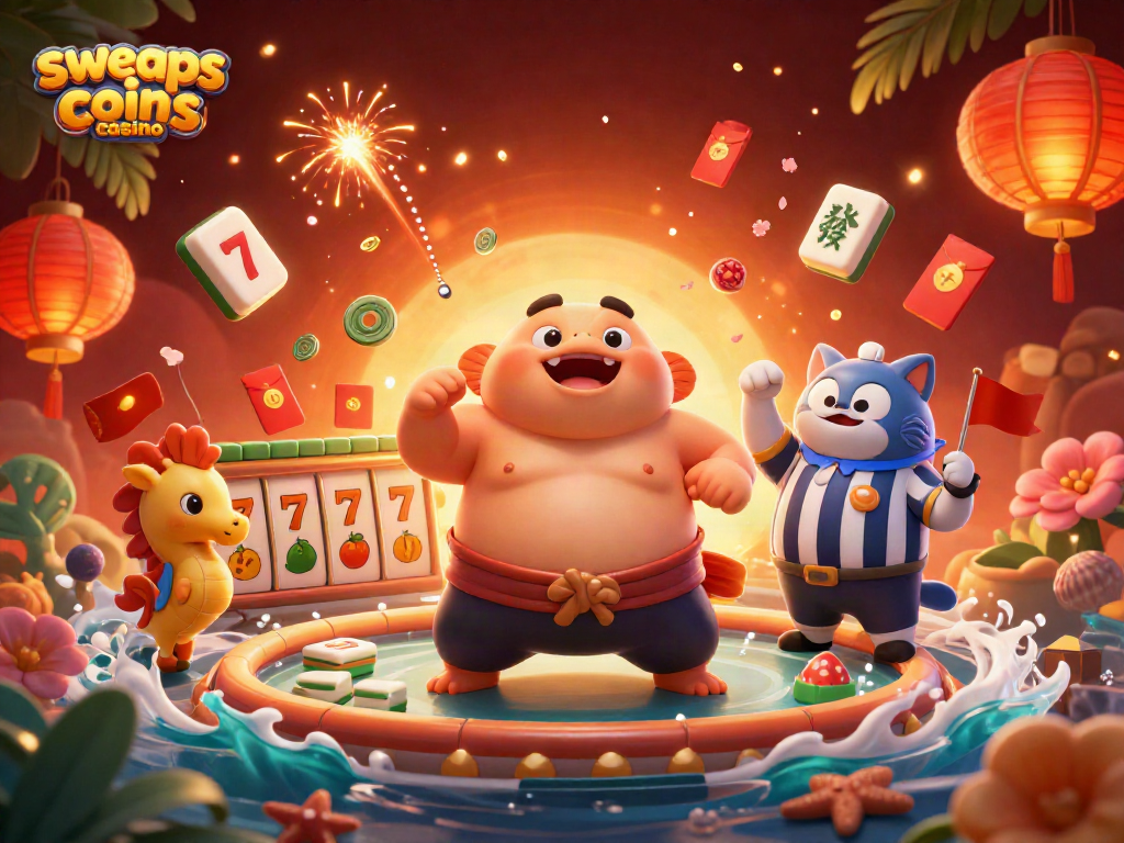 Experience thrilling gameplay with sweeps coins casino showcasing illustrated blowfish sumo wrestling