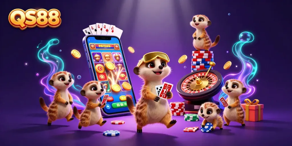 Experience the thrilling games at QS88 casino with vibrant meerkats and dynamic gaming elements.