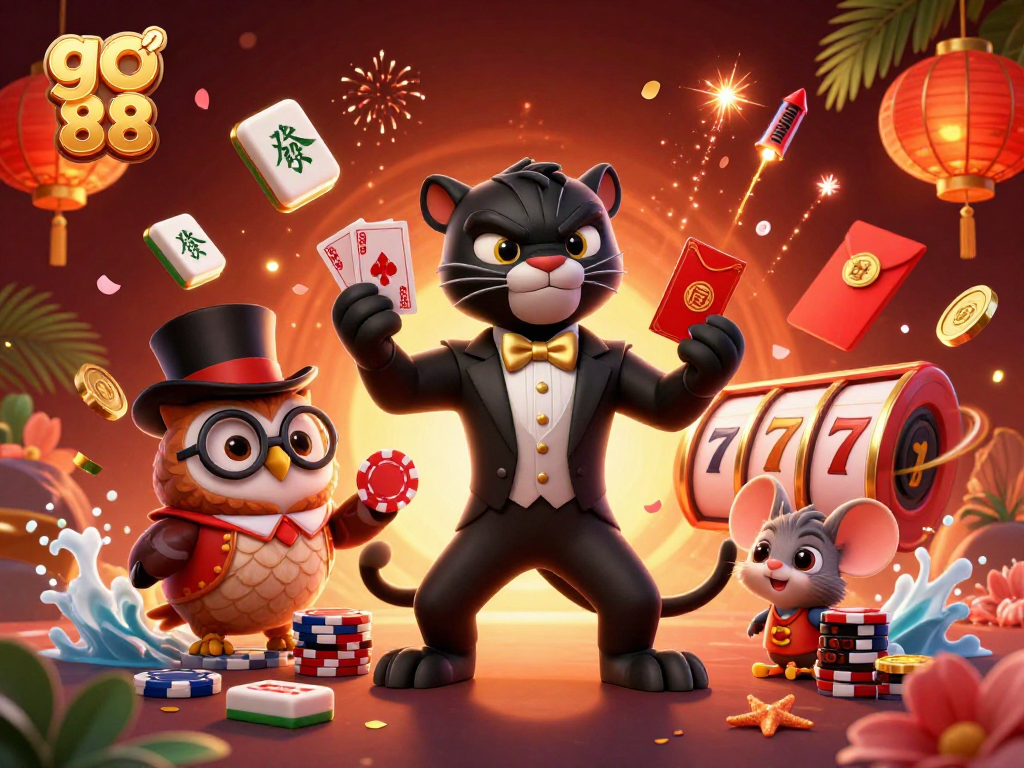 Experience thrilling gameplay with go 88, featuring a stylish panther, owl, and a lucky mouse amidst vibrant casino elements.