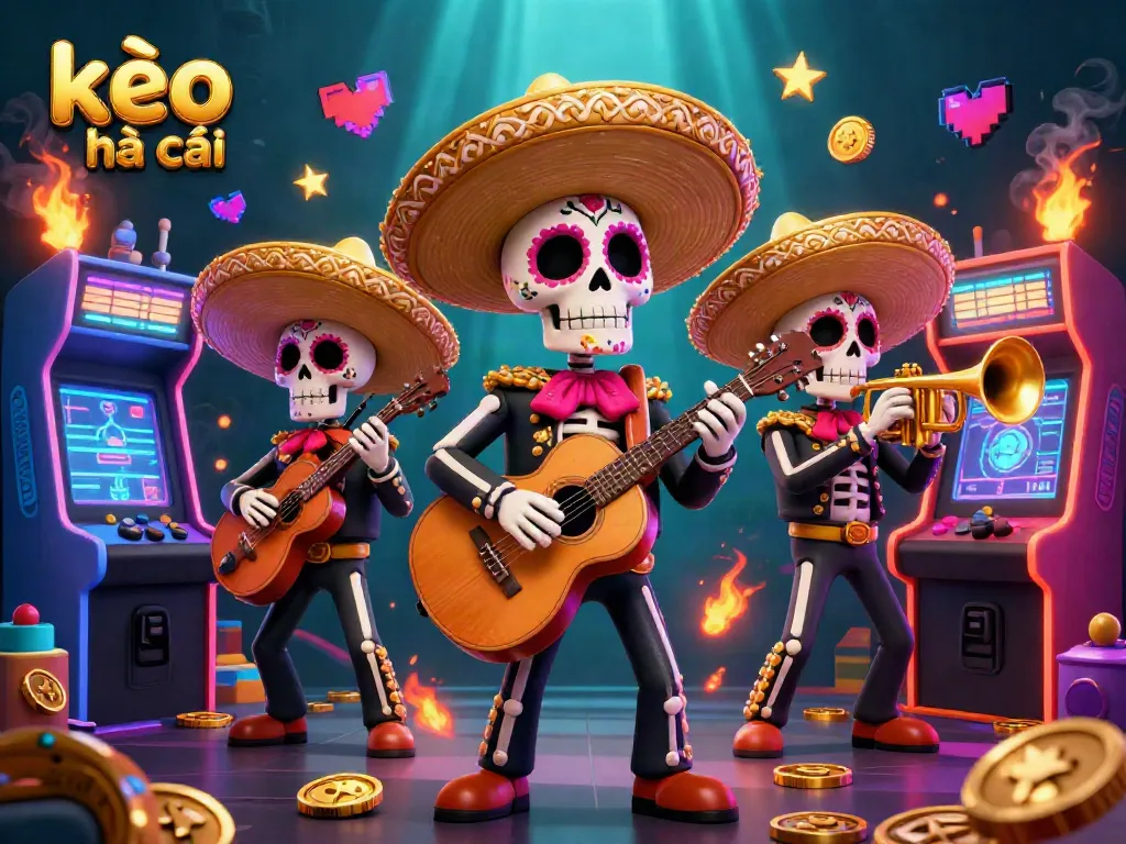 Engage with kèo nhà cái thrills in this vibrant 3D illustration of a lively mariachi band amidst arcade games.