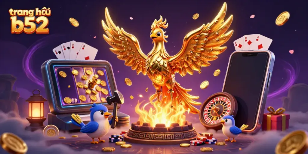 Experience the thrill of gaming at trang chủ b52 with a stunning golden phoenix and casino elements.