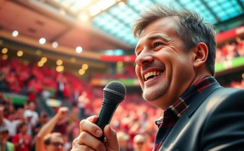 Engaging scene of Sports Broadcasting in a lively stadium, capturing broadcaster enthusiasm.