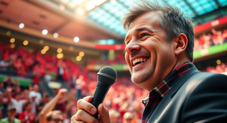 Engaging scene of Sports Broadcasting in a lively stadium, capturing broadcaster enthusiasm.