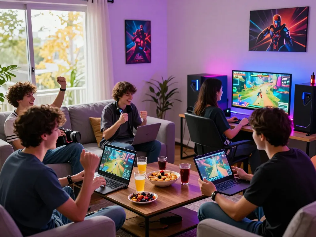 Excited players engaging with the sun win gaming platform in a lively living room atmosphere.
