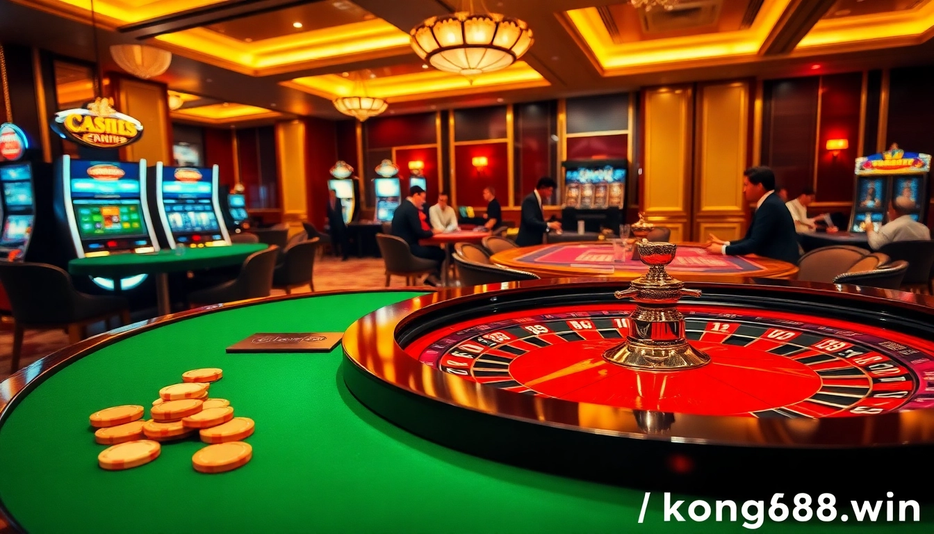 Bet on excitement at https://kong88.win with a luxurious casino scene filled with roulette and poker action.