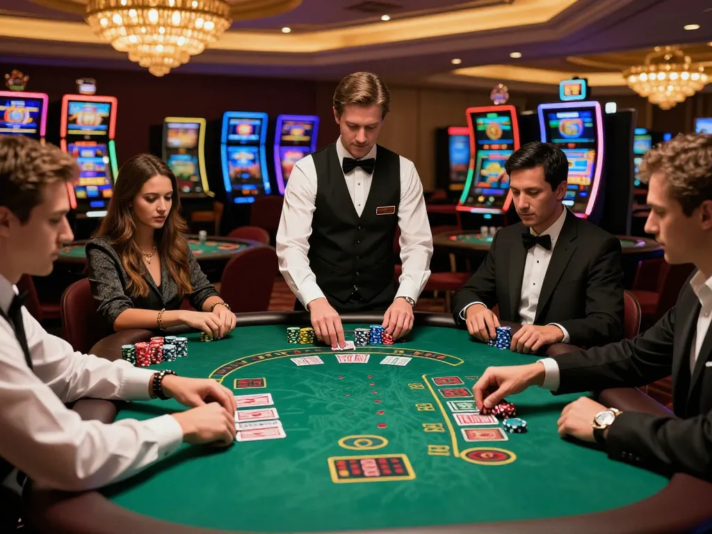 FC88 players engaging in strategic blackjack gameplay at a luxurious casino table.