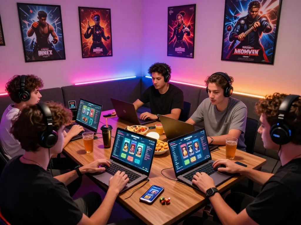 Exciting gaming lounge with friends using the bomwin platform for online card games.
