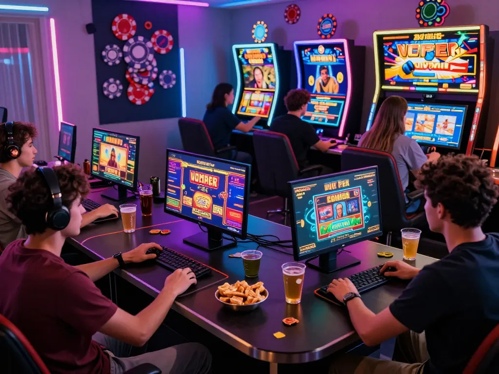 Exciting online gaming scene featuring players immersed in 789club games, showcasing vibrant casino chips and thematic decor, capturing the thrill of digital gambling.