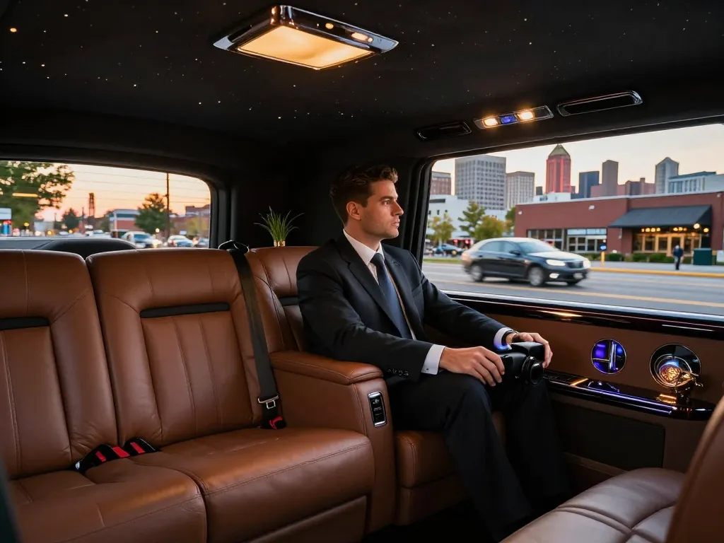 Luxurious Lockport IL limousine service with comfortable interior and professional chauffeur driving through city streets.