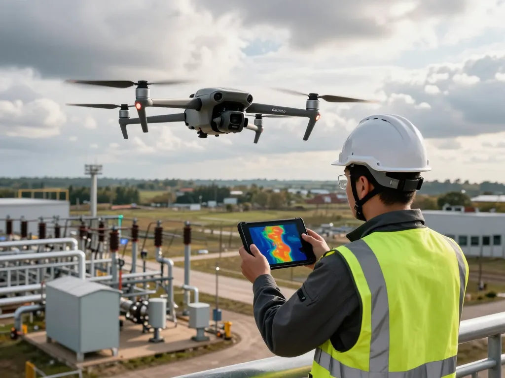 Technician using DJI Mavic 3 termico drone for thermal inspection of industrial site with tablet display.