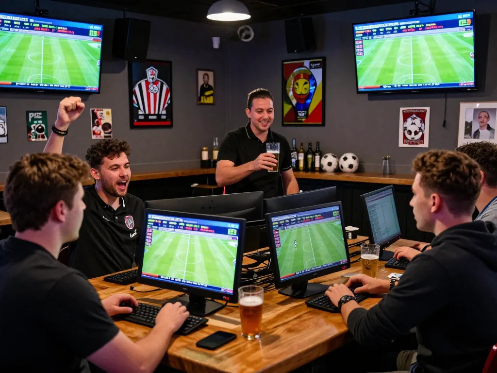 Engaged bettors using 1gom for live betting, dynamic sports bar atmosphere.