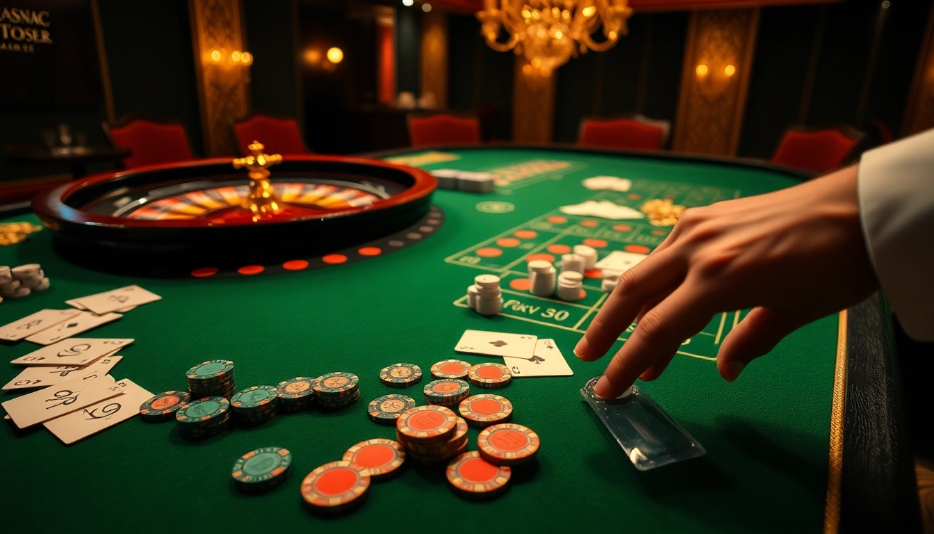 F168 gambling scene showcasing poker chips and a roulette wheel in a luxurious casino.