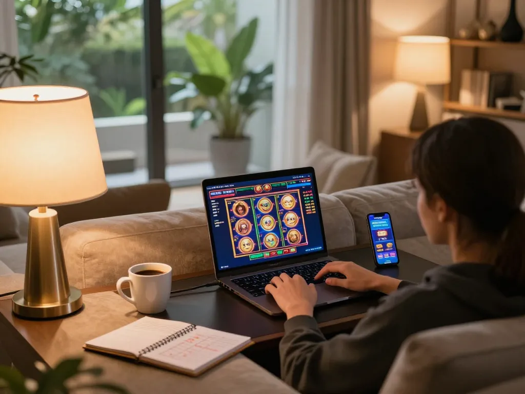 Engaging player immersed in online slot games at https://go8.onl/, showcasing cozy home gaming setup.