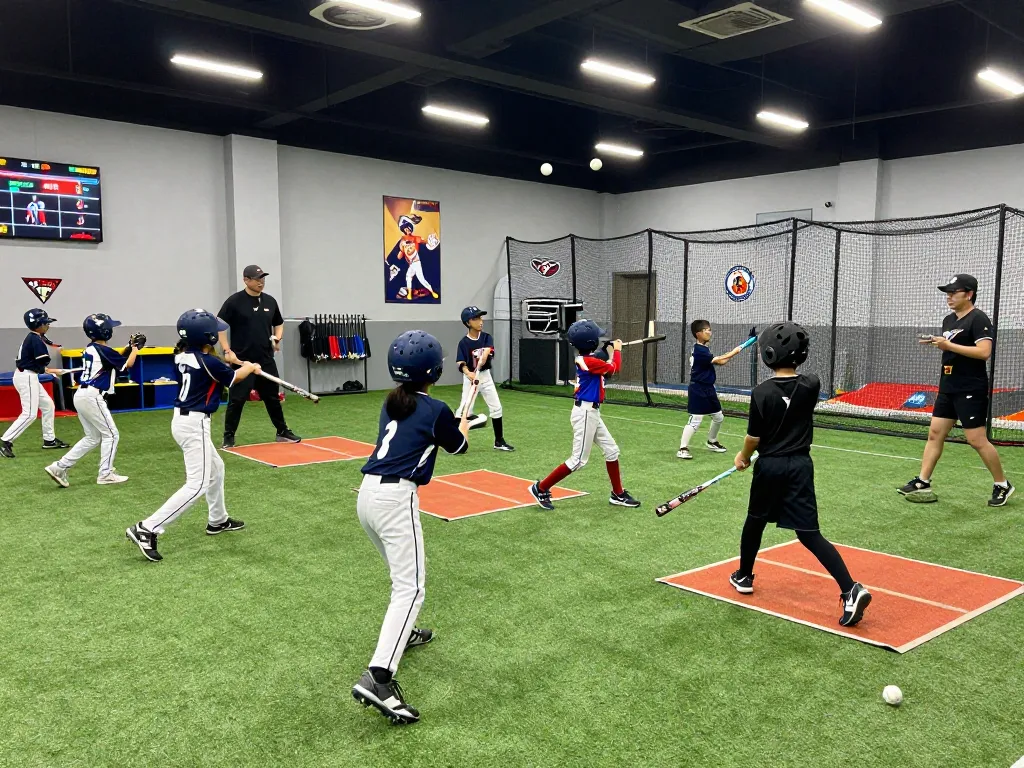 Young athletes training at HitClub baseball facility, demonstrating teamwork and skill development.