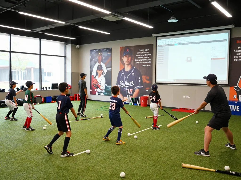 Young athletes training in a vibrant hitclub baseball facility, engaging in dynamic drills with coaching guidance.