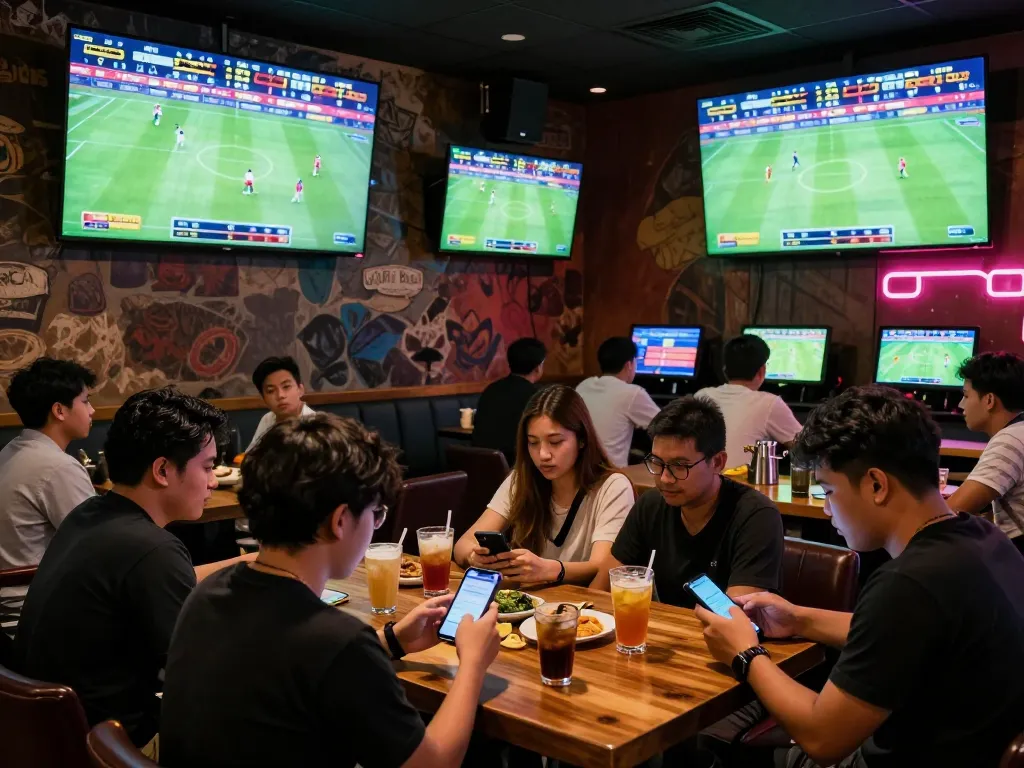 Pelanggan yang bersemangat terlibat dalam taruhan Judi Bola di sebuah bar olahraga yang hidup dengan banyak layar menampilkan pertandingan langsung.