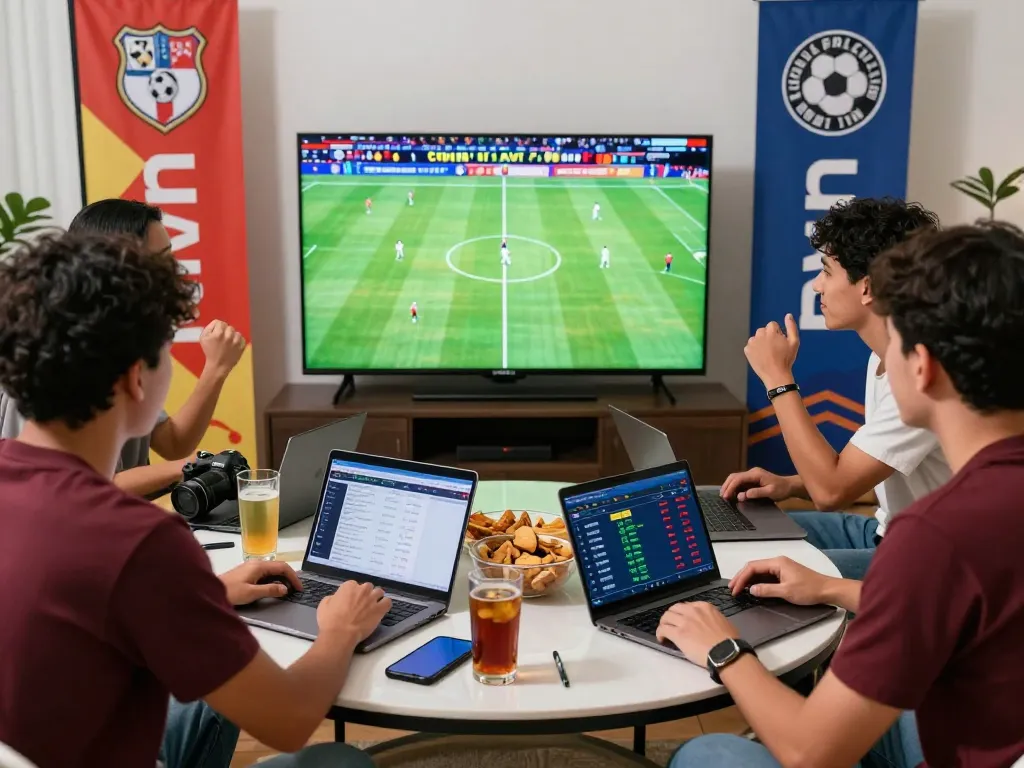 Excited group engaging in judi bola during a live football match, with laptops and snacks creating an energetic atmosphere.