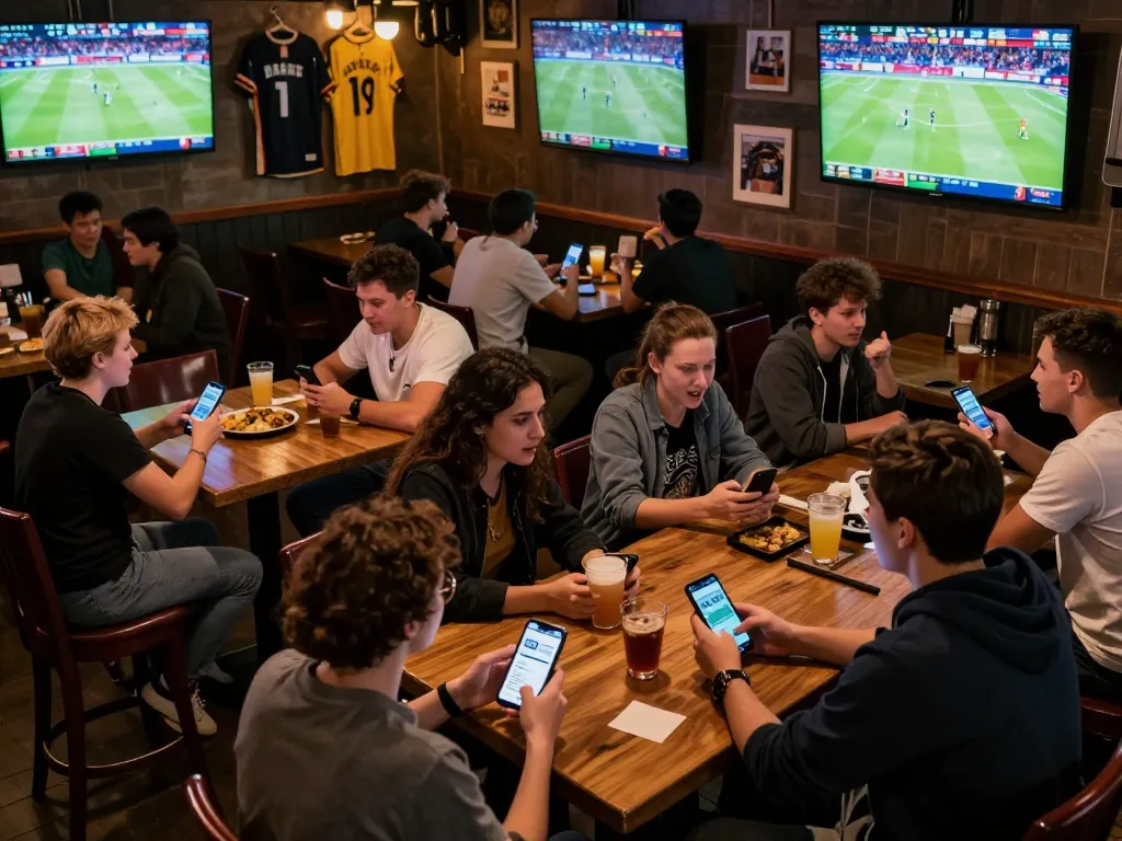 Spectators analyzing soi keo nha cai during an exciting sports match in a vibrant bar.