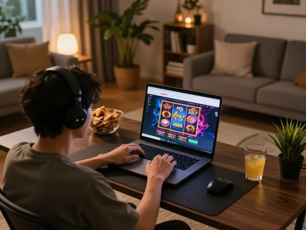 Engaged player enjoying online gaming experience at nhà cái fly88 with vibrant visuals