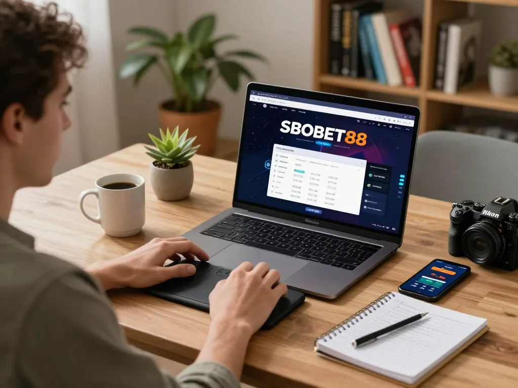 Pemain SBOBET88 terlibat dalam taruhan online di laptop, dikelilingi oleh catatan strategi dan suasana rumah yang hangat.